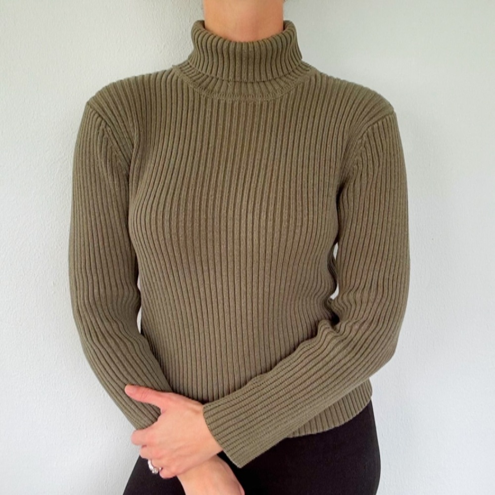 Vintage Sonoma Petite army green cotton ribbed knit turtleneck sweater large